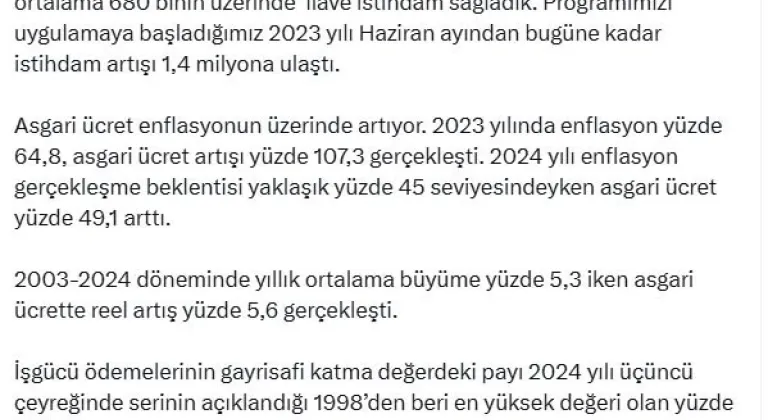 Bakan Şimşek: Asgari ücret enflasyonun üzerinde artıyor