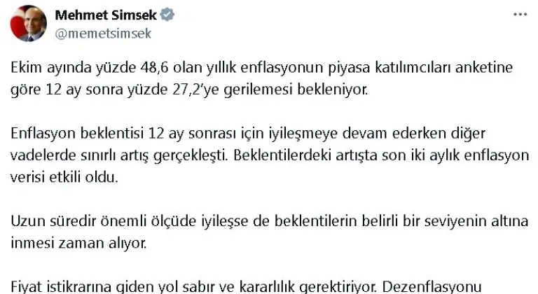 Bakan Şimşek: Fiyat istikrarına giden yol sabır ve kararlılık gerektiriyor