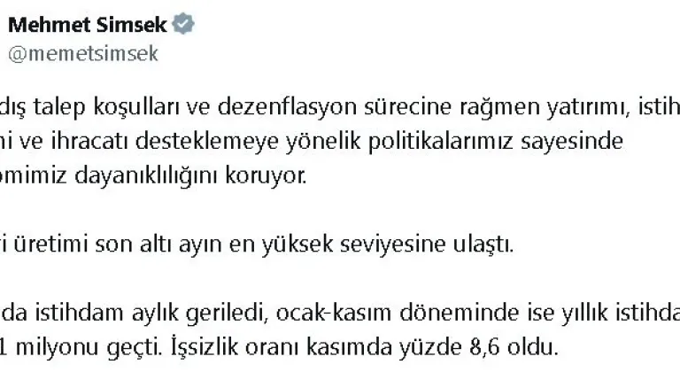 Bakan Şimşek: Politikalarımız sayesinde ekonomimiz dayanıklılığını koruyor