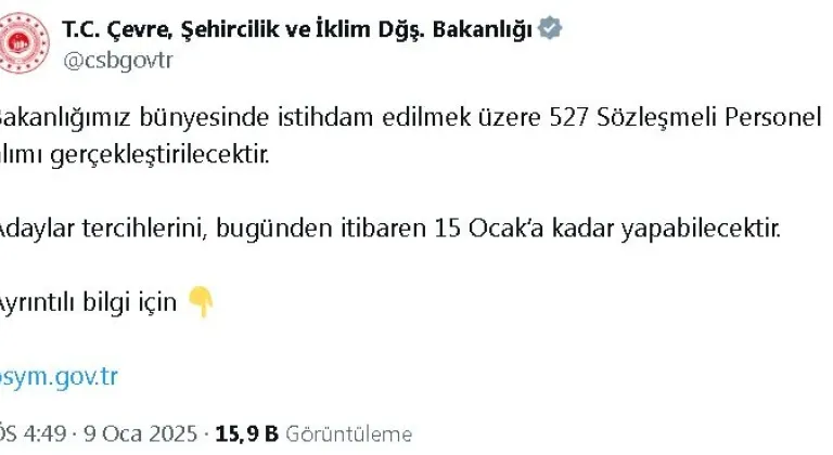 Çevre, Şehircilik ve İklim Değişikliği Bakanlığı, 527 sözleşmeli personel istihdam edecek