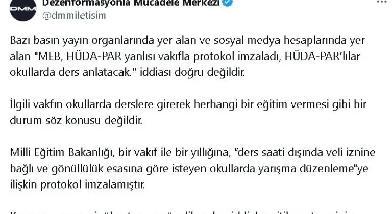 DMM: 'HÜDA-PAR'lılar okullarda ders anlatacak' iddiası doğru değildir