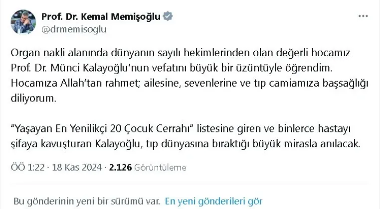 Sağlık Bakanı Memişoğlu'ndan Prof. Dr. Münci Kalayoğlu için taziye mesajı